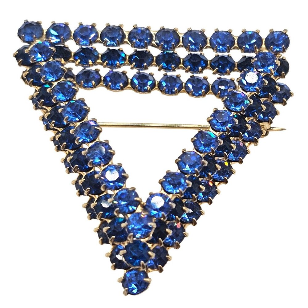 VTG Brooch MCM 60s Triangular Blue Rhinestone Layered Retro Glam Open Frame Pin